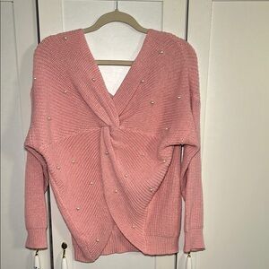 Pink Knitted Sweater with Pearl Accents